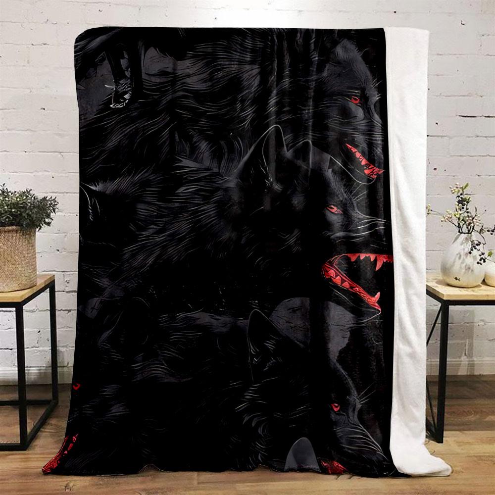 The pattern features dark wolves with red eyes and red snarling mouths on black. for all seasons blanket lunch break throw gift