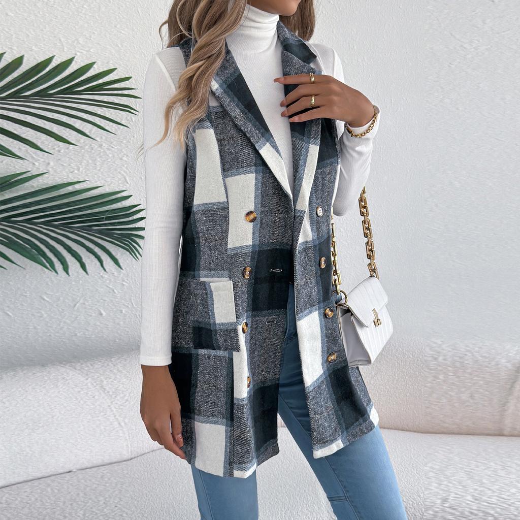 Женское клетчатое двубортное шерстяное пальто с карманами, длинный жилет