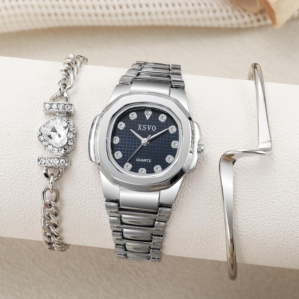 No Gift Box, Small Batch Watches, Korean Version of the Square Versatile Quartz Watches Heart-shaped Diamond Bracelet 3 Sets
