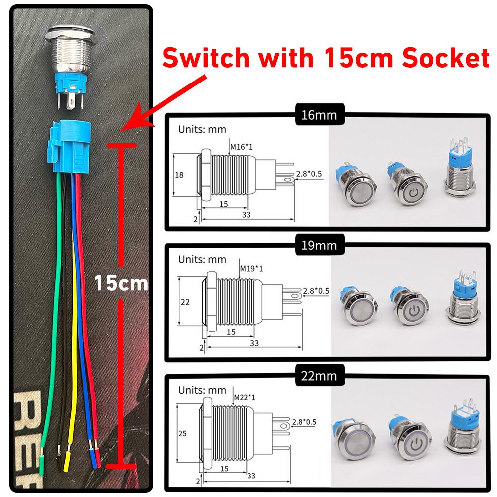 16/19/22mm Custom Metal Power Button Switch with Wire Waterproof LED Light Black/Silver Start Stop for Car Boat 12V 24V ON OFF Pushbutton Switches 3