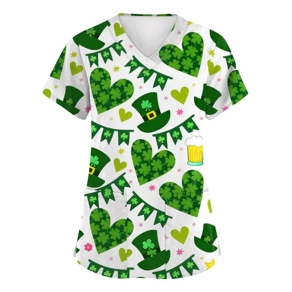 Women's Fashion Short-Sleeve Sleeve St. Patrick's Day Print V-Neck Pocket Workwear Top