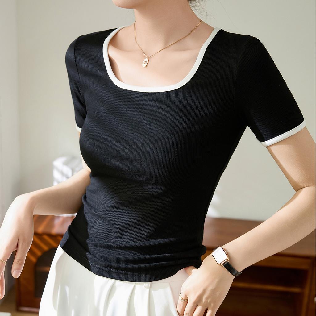 High Elastic Threaded Cotton Square Neck T-shirt Women's Short-sleeved 2024 New Retro Color Matching Tight-fitting Bottoming Shirt