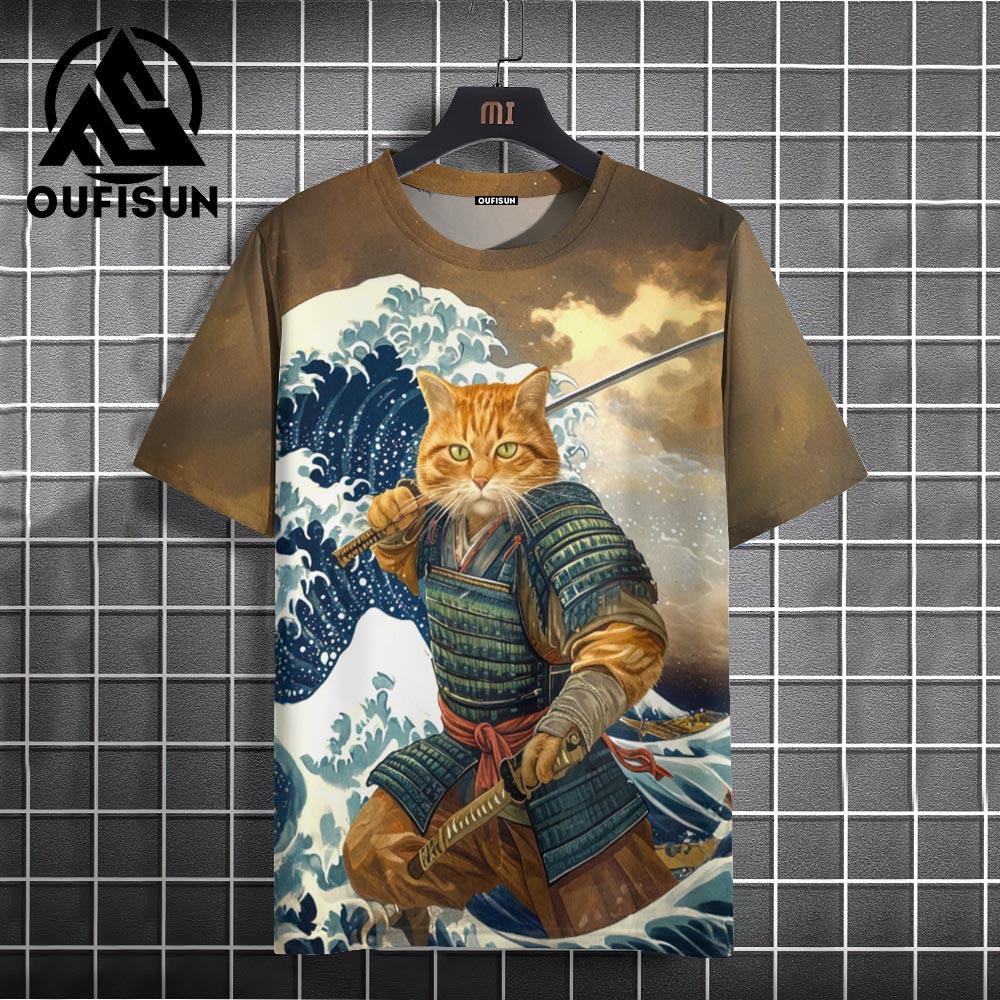 Мужская модная японская футболка с коротким рукавом в стиле самурай в стиле хип-хоп