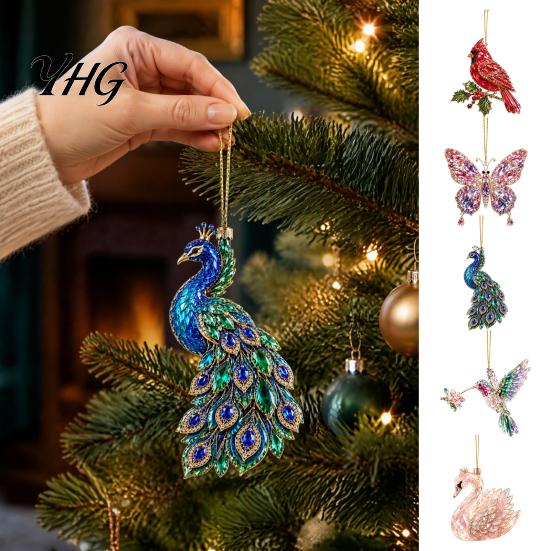 Christmas Tree Decoration Faux Crystal Animal Ornament, Acrylic Flat Print Hanging Decor Winter Holiday for Tree, Butterfly/Peacock/Bird/Swan Pendant,