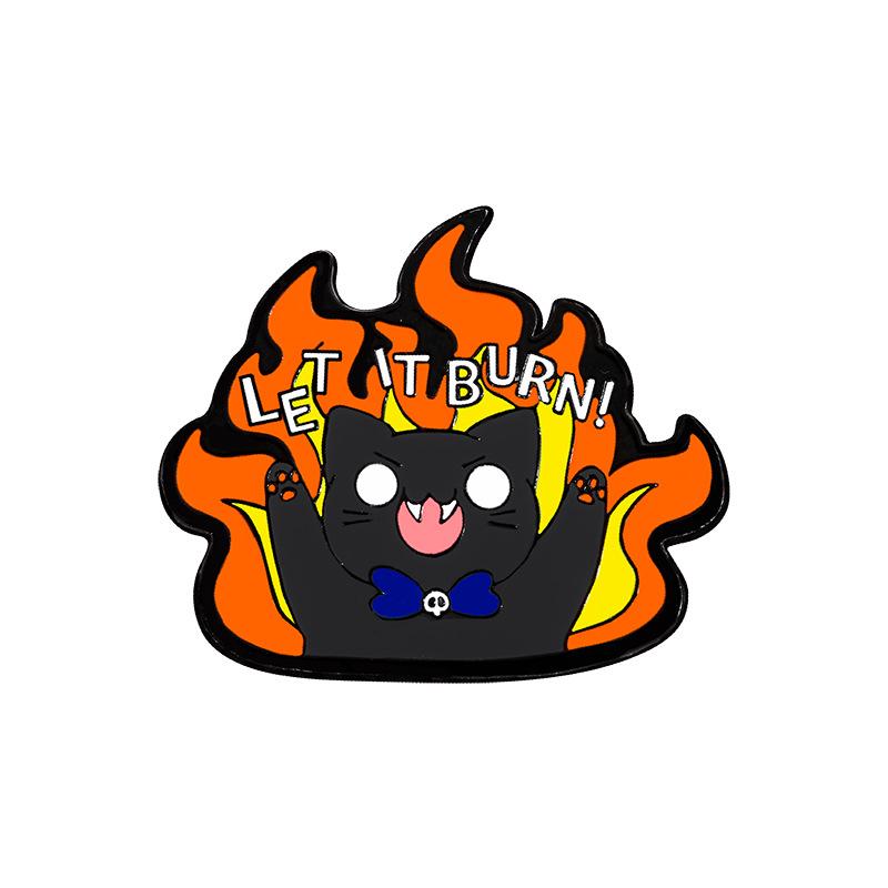 Alloy Enamel Brooch, Cute Cartoon Flame Black Cat Pattern, Kawaii Decorative Lapel Pin Badge Accessory for Backpack Clothing Bag