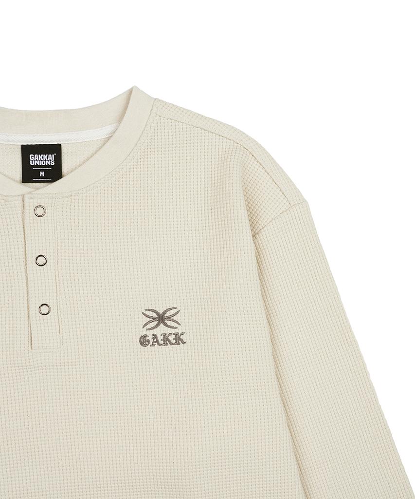 GAKKAI UNIONS Rib Henley Neck Waffle Long Sleeve Beige