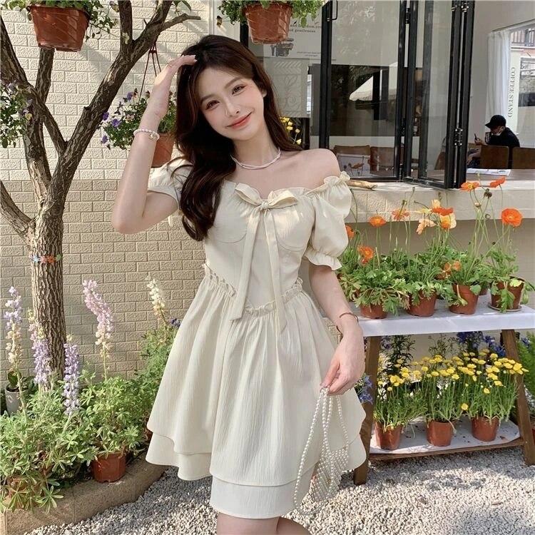 Мини-платья Женские Французский стиль Ярко-сладкие универсальные Эстетические шорты с рукавами High Street Продвинутый хипстерский темперамент Лето Повседневные