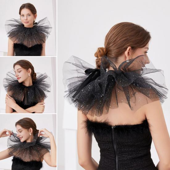 Victorian Retro Mesh Neck Ruff Collar Glitter Layered Ruffle Fake