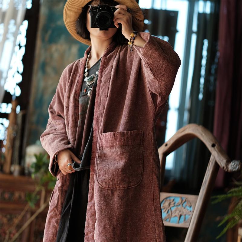 Johnature Women Vintage Cotton Linen Parkas Patchwork Pockets Loose Winter Coats Long Sleeve Plus Cotton Long Parkas