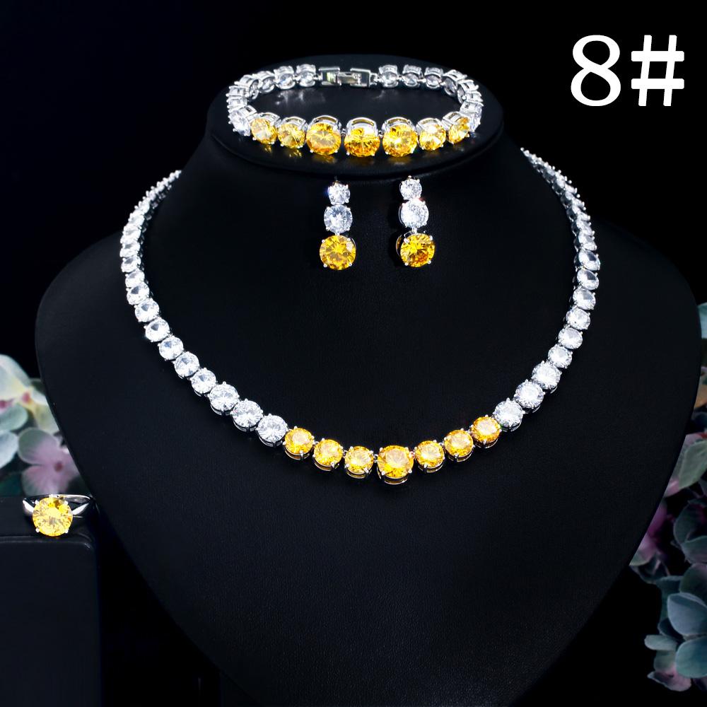 CMM 4PS Роскошный комплект свадебных украшений, ожерелье, кольцо, серьги, браслет, сапфировый цвет/рубиновый цвет, цирконий