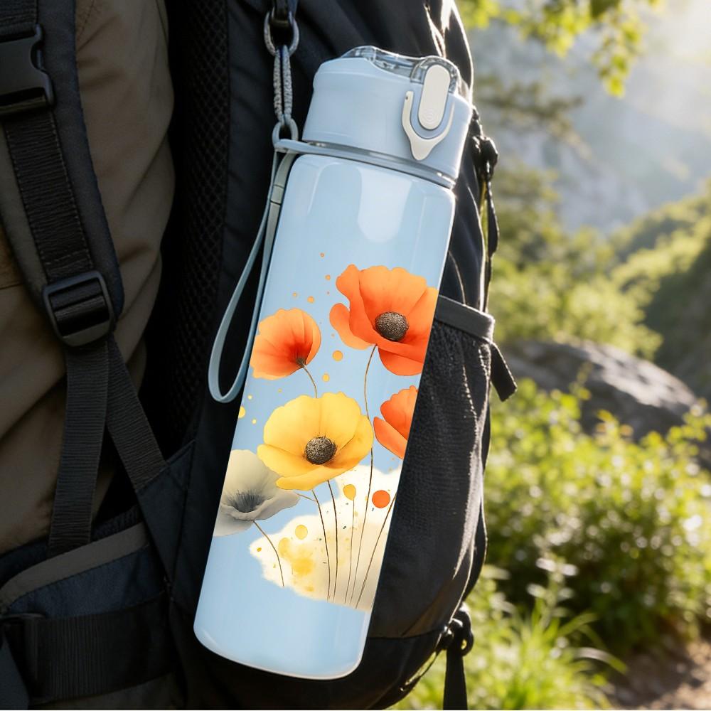 1PC Orange Wild Daisy Flower Cluster 750ml Color Plastic Sports Water Bottle Leakproof Flip Straw Lid For Sports Office Home Use
