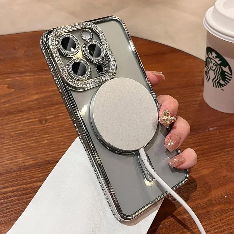 Роскошный магнитный чехол с бриллиантовым глиттером Для Magsafe Для iPhone 16 15 13 14 12 11 Pro Max 16 Plus Беспроводная зарядка Чехол Аксессуары
