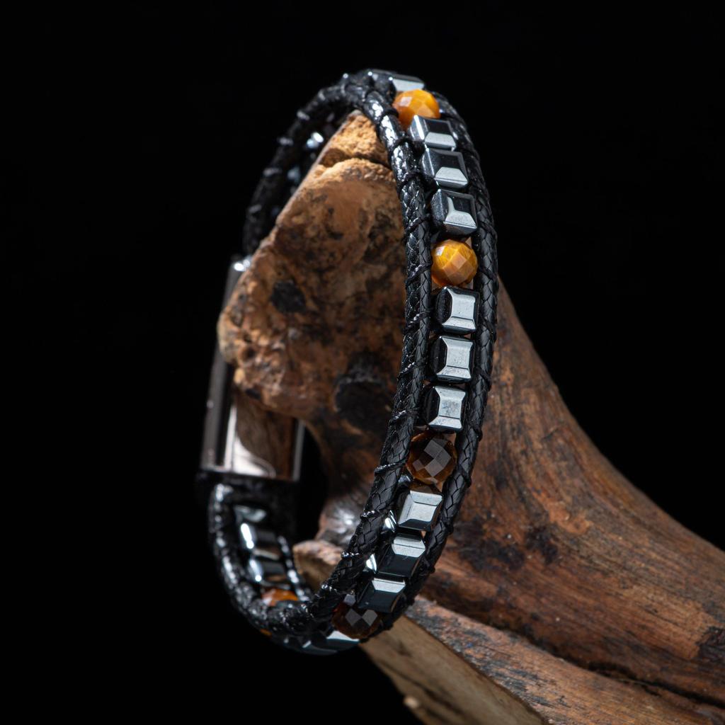 Мужской браслет макраме из тигрового глаза, натурального камня с гематитом