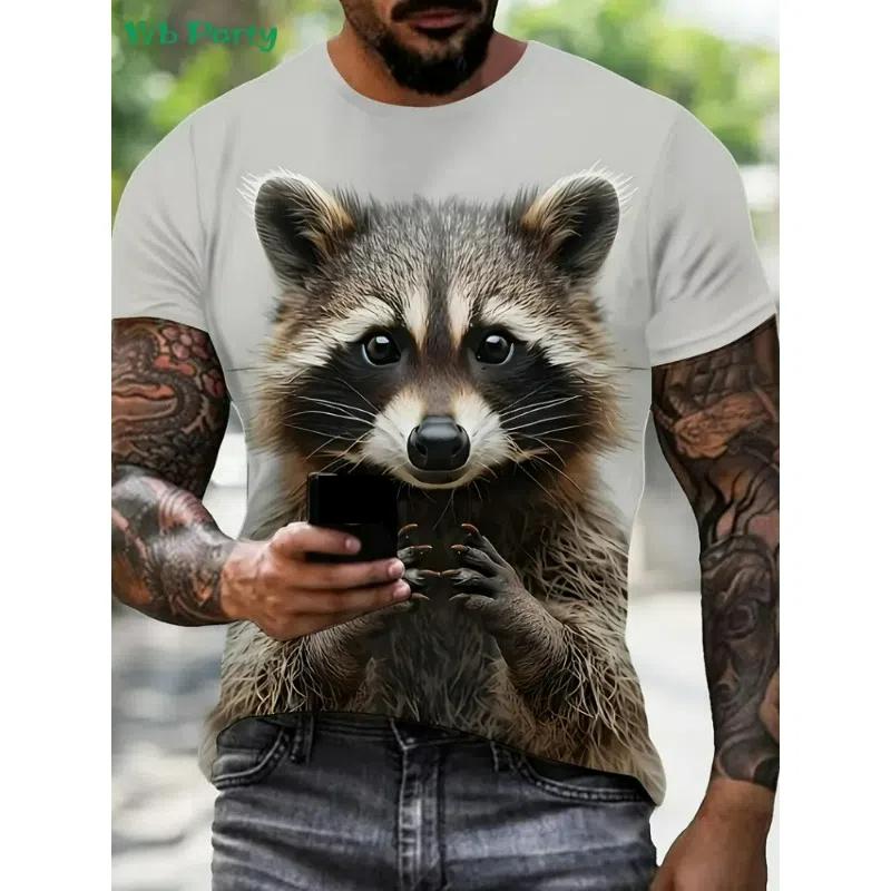 Summer 3D Cat Patternraccoon T-Shirt for Men Animal Cartoon Animal Pattern Tees Loose Round Neck Tops T Shirts Short Sleeves