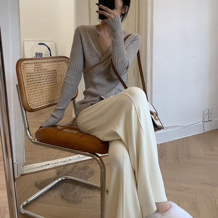 Solid color studio high waist drape knitted pants loose and thin straight casual wide-leg pants women's grandma pants