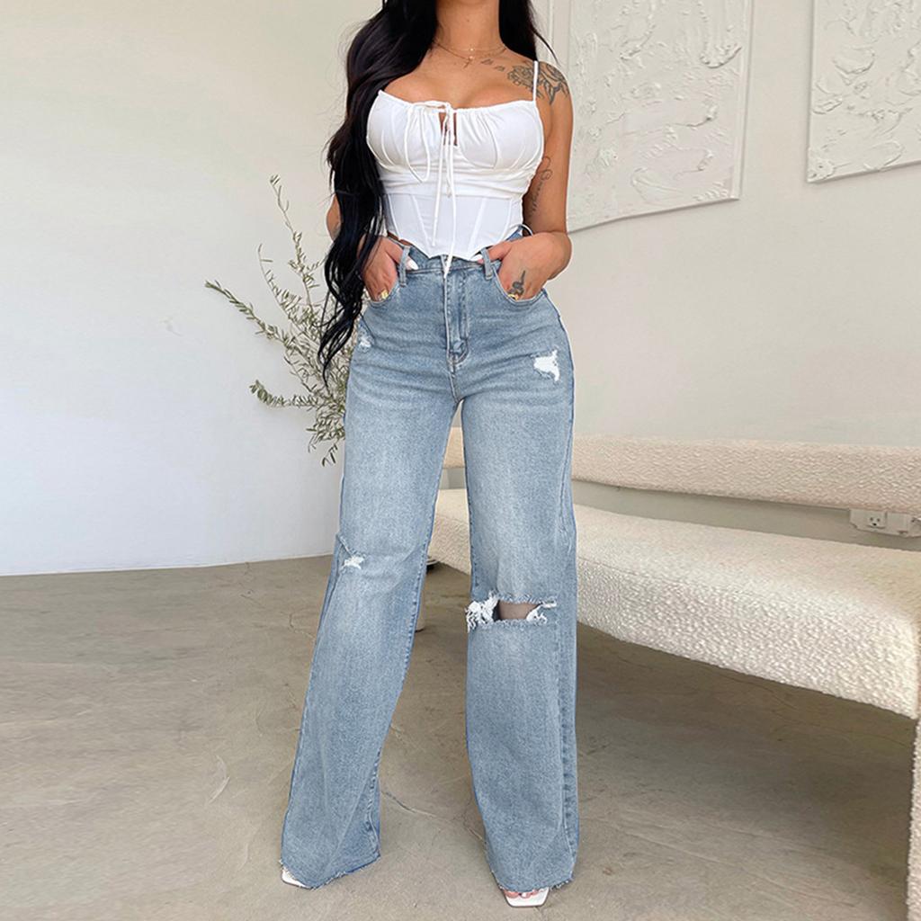 Женские джинсы длинные с высокой талией и рваными краями, удобные широкие брюки