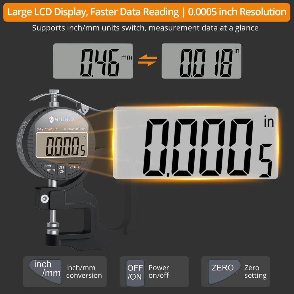 Neoteck Digital Thickness Aluminum Alloy Measurement Large LCD Thickness Gauge Gauge, Construction, 0.01mm Accuracy, 0-12.7mm Range, Display,