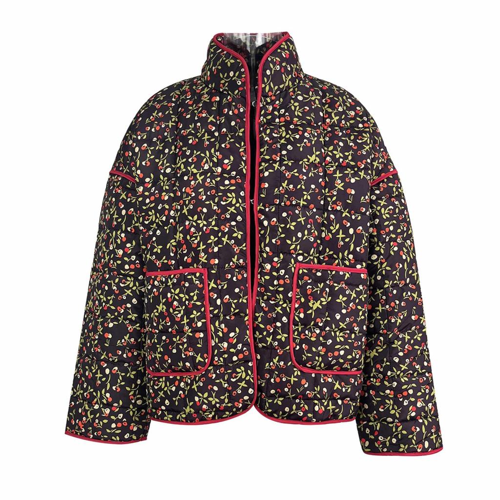 Женская стеганая куртка с цветочным принтом, куртка на пуговицах с длинными рукавами, легкая винтажная куртка с вышивкой, верхняя одежда