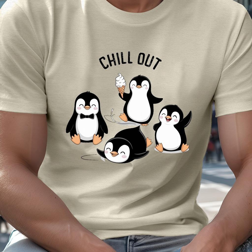 Мужская футболка с графическим принтом "Пингвины Chill Out" Летняя Повседневная С коротким рукавом С круглым вырезом Дышащая С принтом