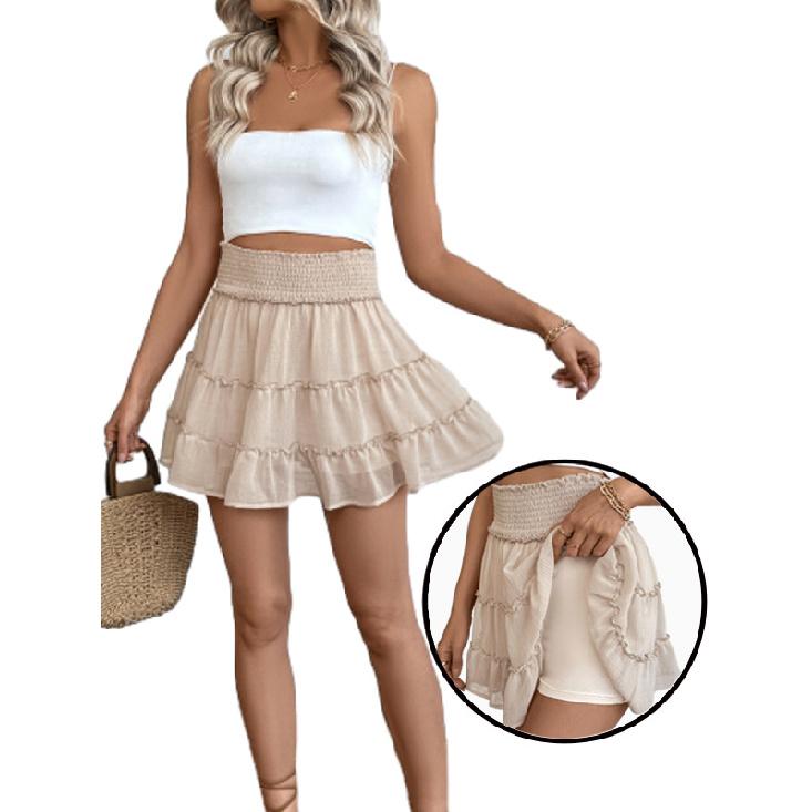 Women's Comfortable Casual Vacation Style Pleated Lotus Leaf Skirt Solid Color Elastic Waist Anti Glare Half Skirt for Women