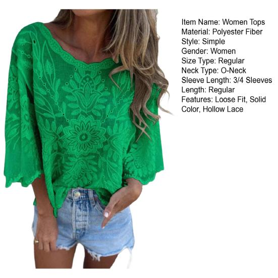 Женские топы с круглым вырезом и рукавами 3/4, свободная посадка, украшенная кружевом, повседневная рубашка, однотонные дышащие нестандартные топы
