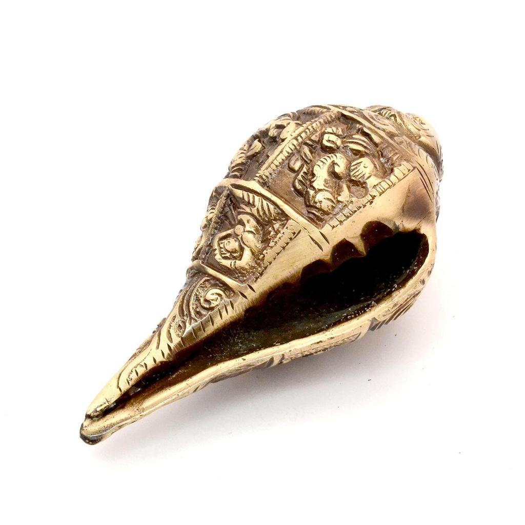 Ganesha Carving Brass Shankh Showpiece, Attractive Brass Conch for Temple/Home, Shankh for Pooja, Mandir Decorations Items