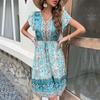 Women's Fashion Summer Spring Bohemia Flower Pattern Print Short Sleeve V-Neck High Waist Casual Dresses
