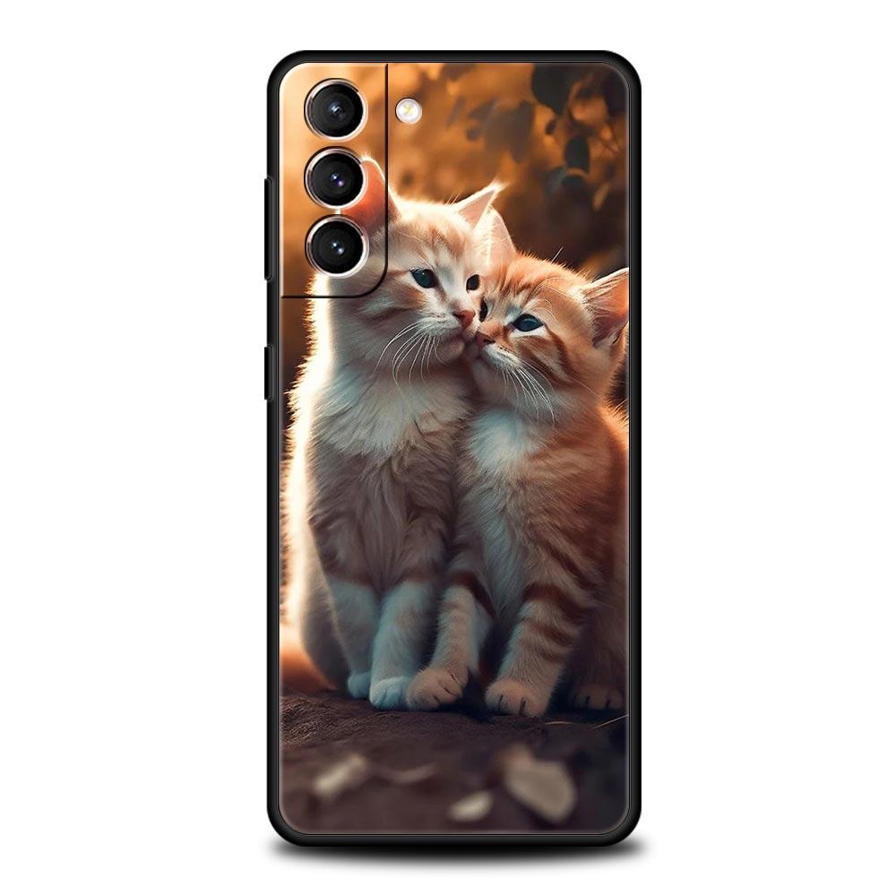 Чехол для телефона 'Целующийся кот' Милый котенок Для Samsung Galaxy S25 S24 S23 FE S22 Ultra S20 S21 5G S10 Plus S10E Мягкая черная крышка