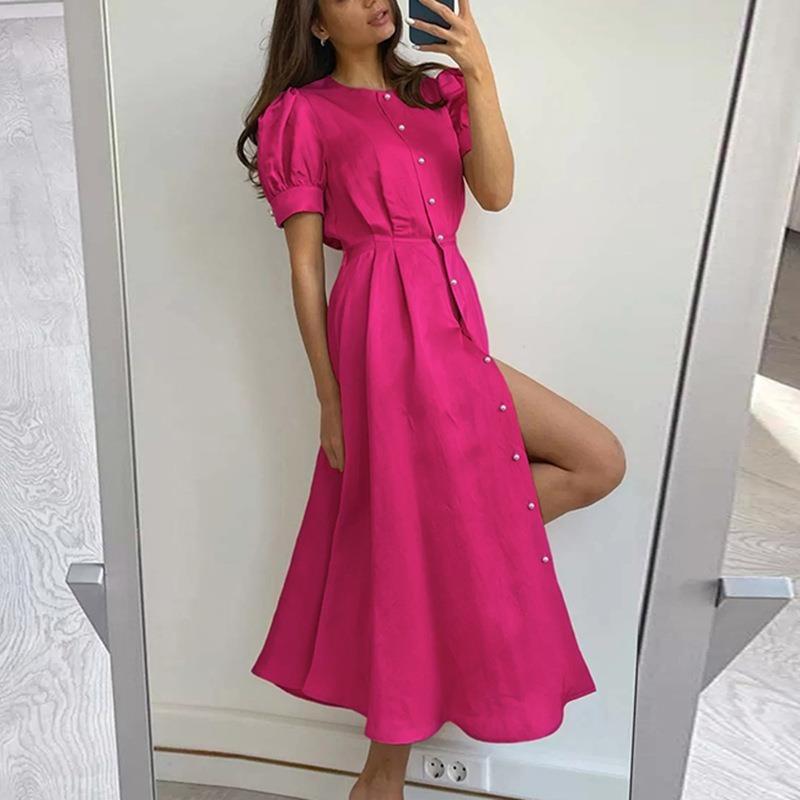 Summer Women's Dress Temperament Commuter High Waist Solid Colour Fashion Long Dresses