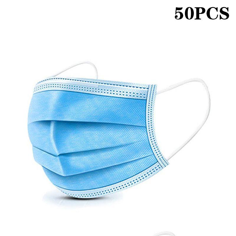 50Pcs 3-Layer Mask Face Masks Melt Blown Cloth Disposable Safety Anti-Dust Protective Masks Blue Adults Non-Wove Masque