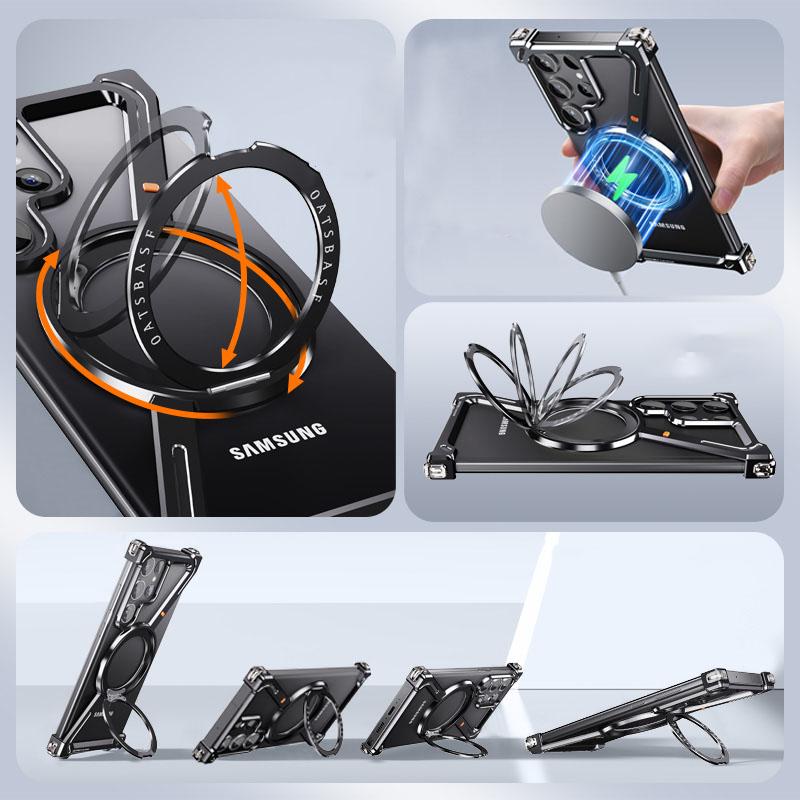 Магнитный чехол из алюминиевого сплава без оправы для Samsung S25 Ultra S24 Plus с вращающейся на 360 ° металлической подставкой для Magsafe Buffer Hard Cover