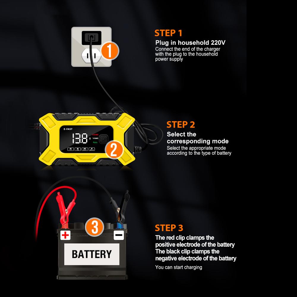 E-FAST Car Battery Chargers 12V/6A Full Automatic Battery Chargers Maintainer 3-Stage Portable