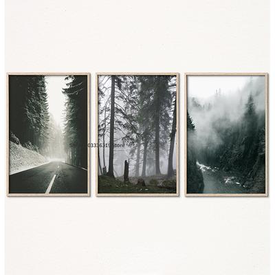 Туманный лес Туманная природа Река Деревья Гора Художественный плакат Холст Живопись Настенные принты Картина для гостиной Домашний декор