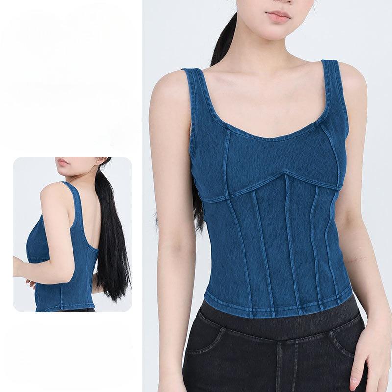 Spring and Summer Women's New Denim Stretch with Chest Pad Sports Wear Fitness Yoga Camisole