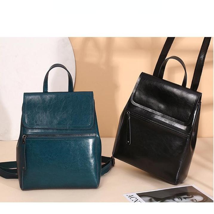 Johnature Genuine Leather Backpack Women Bag Fashion Oil Wax Cowhide Solid Color Schoolbag Leisure Outdoor Travel Bags