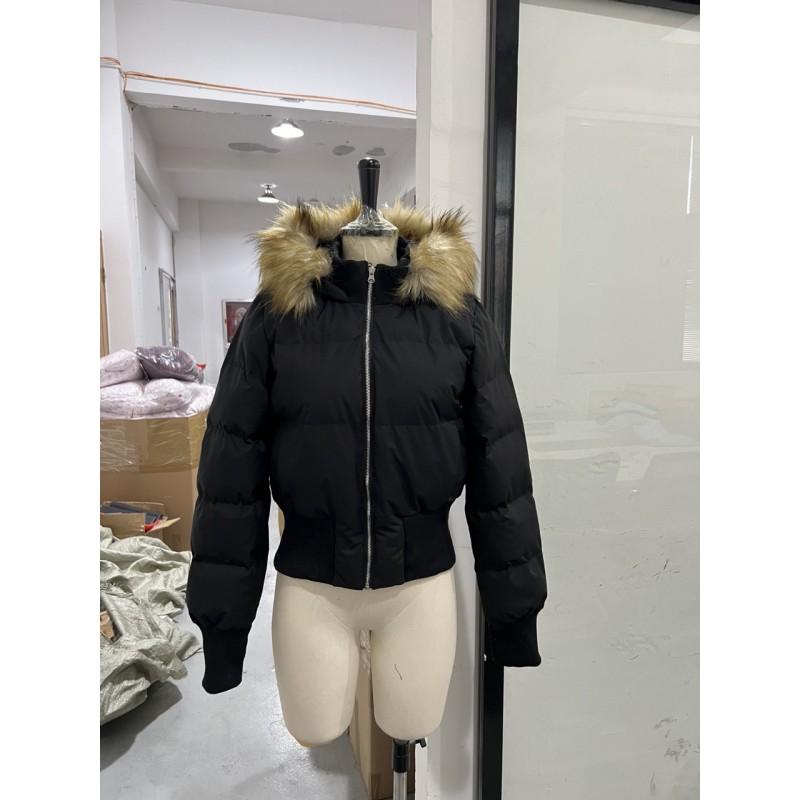 Womens Zip-up Detachable Sleeve Hooded Cotton Coat With Fur Trim Waist Fitted Street Style Short Puffer Jacket