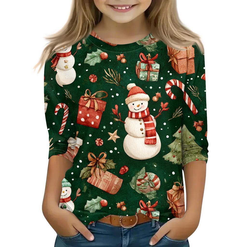 Children's 3/4 Sleeve Round Neck Top Christmas Tree Printed Everyday Casual Top