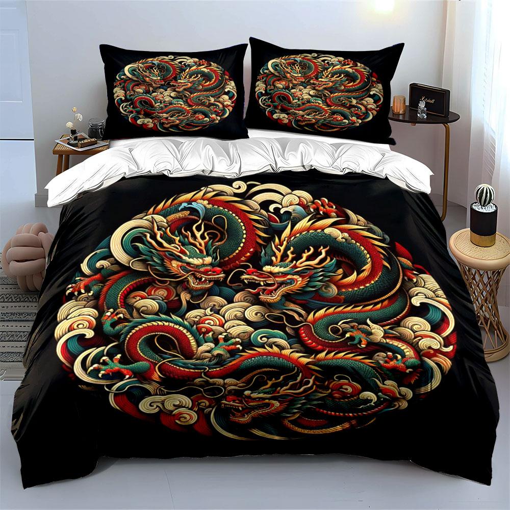 Chinese Dragon Design Set For Decoration  Kid'S And Adults' Bedroom Decor, Exquisite Three-Piece Bedding Set Gift
