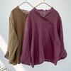 Vintage Women Solid Color T-Shirts V-Neck Long Sleeve Autumn Chinese Style Loose Female T-Shirts