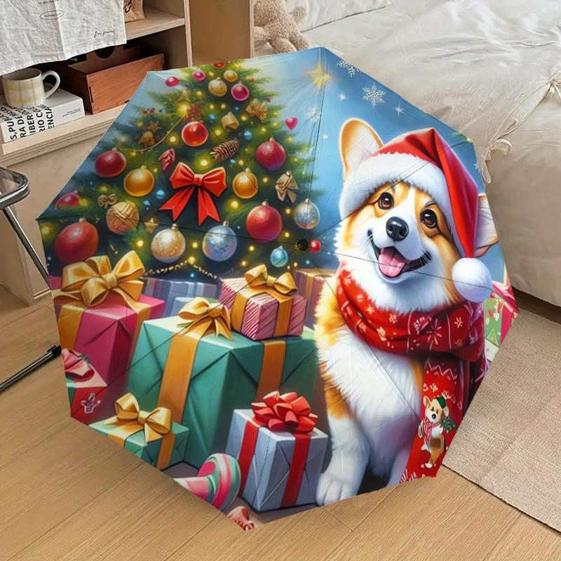 1pc Christmas Corgi Celebration Umbrella with Plastic Handle,Suitable for All Seasons Home Travel Outdoor UmbrellaDD223