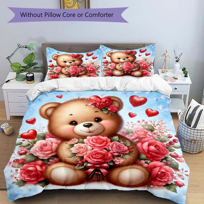 Teddy Bear Roses Print 3Pcs Bedding Setduvet Cover With 2 Bedropillowcase Home Birthday Gift