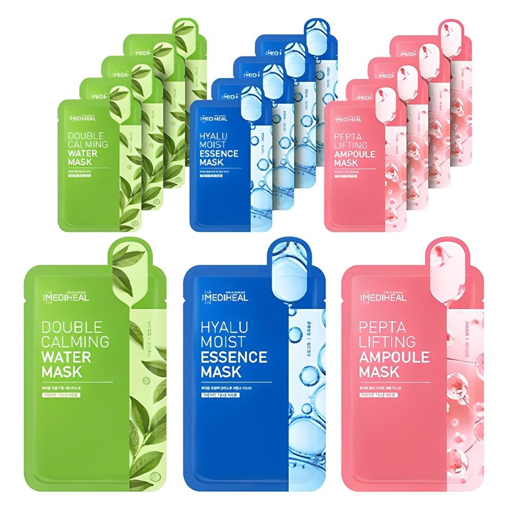 Mediheal Двойная успокаивающая водная маска 5 шт. + Увлажняющая эссенциальная маска с гиалуроновой кислотой 5 шт. + Пептидная лифтинг-ампульная маска 5 шт., 15 листов, 1 набор