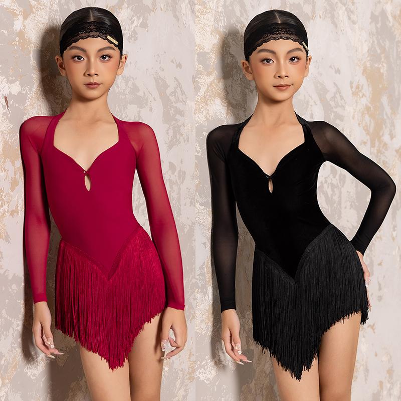 Dress Latin Long Girls Dance Sleeves Fringe Dance Costume Cha Cha Rumba Samba Dance Competition Dress Practice Dress