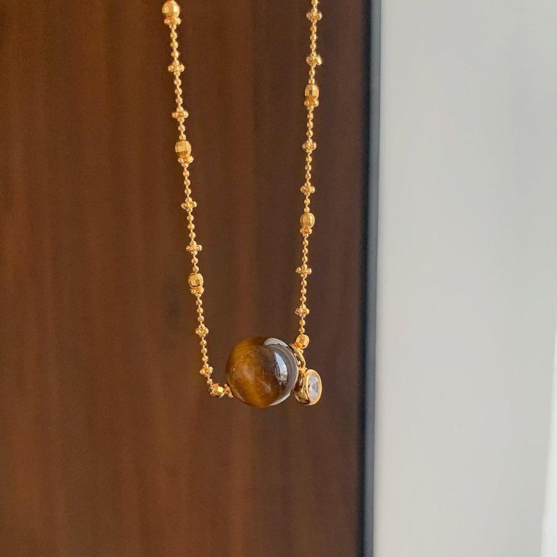 New in round beads tiger eye stone bubble sparkling diamonds necklace retro sweater chain collar chain trendy party jewelry gift