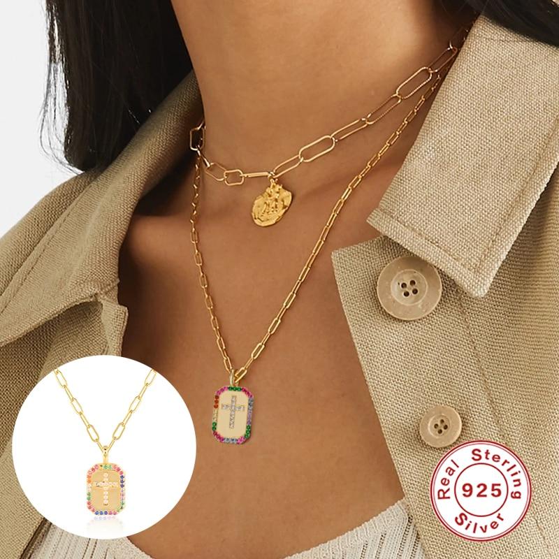 Ожерелье из стерлингового серебра 925 пробы для женщин, цветное ожерелье с крестом, шармы, цепочки, изысканная бижутерия, чокер, бижутерия для женщин, тренд