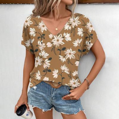 Женская футболка, модная, легкая, элегантная, для отдыха, с фрагментированным цветочным узором, женская футболка с V-образным вырезом и короткими рукавами