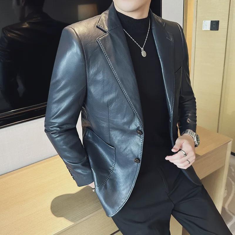Мужская однотонная кожаная куртка - модный приталенный деловой повседневный стиль, DX02.