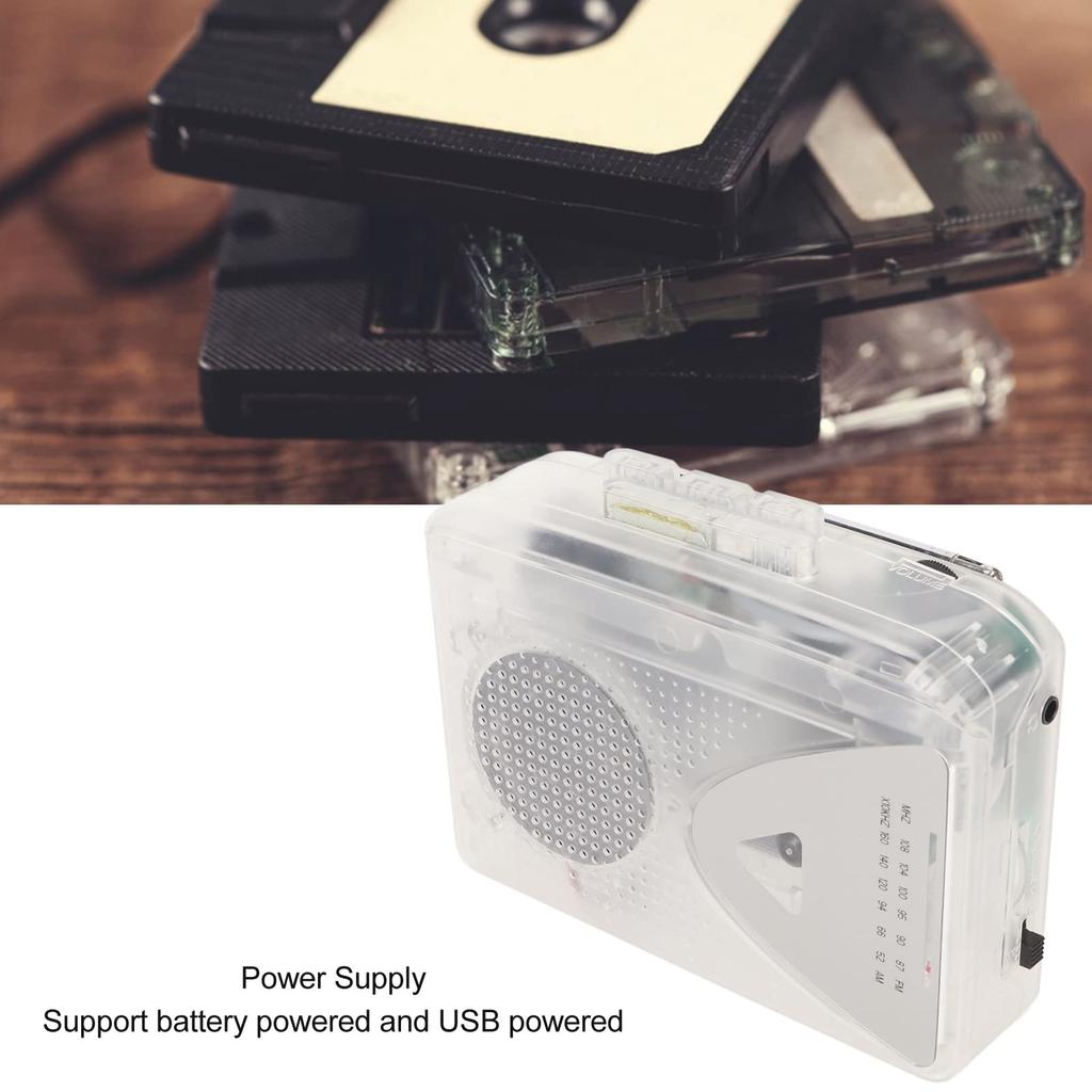 Portable Cassette Player with USB or USB Power Clear Ideal for Everyday Use 3.5mm Jack, Built-in Speaker, FM/AM Radio, Converter, Supply, Sound.