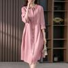 Women Shirt Dress Lapel 3/4 Sleeve High Waist Midi Dress Solid Color Loose Fit Summer Dress Office Lady Wear