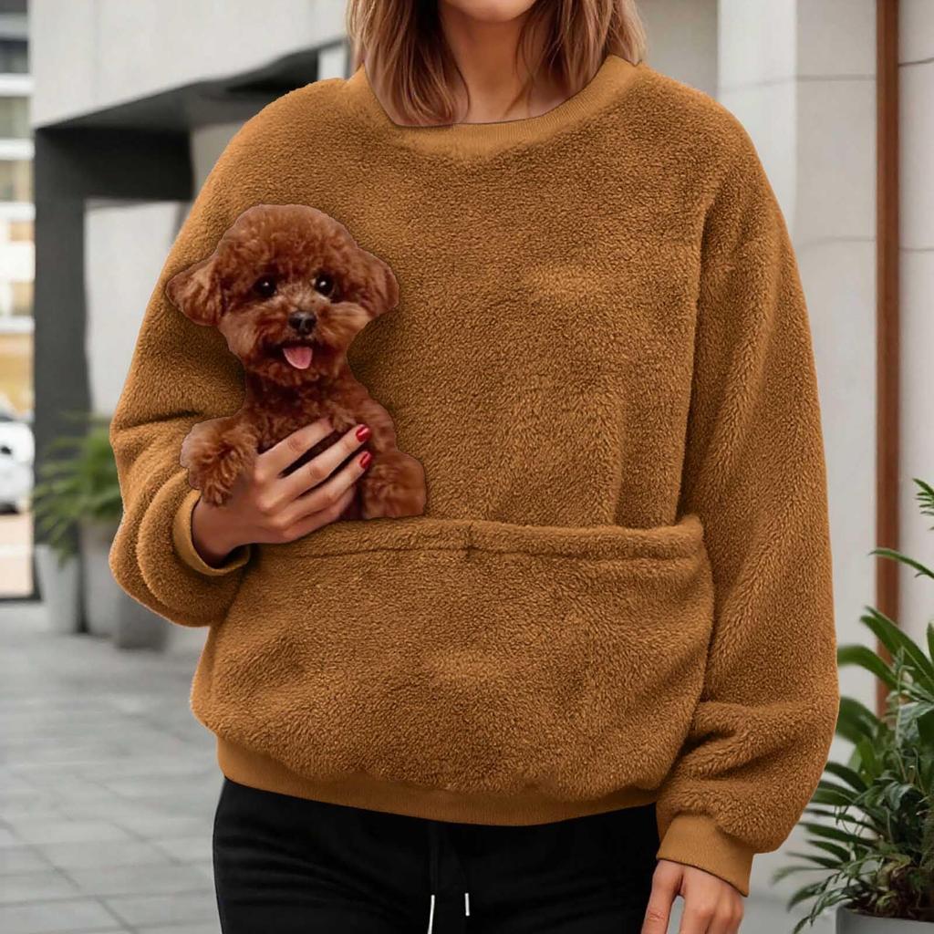 Women's Fashionable Solid Color Round Neck Long Sleeved Pocket Sports Shirt Plush Hoodie Top